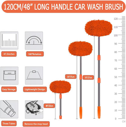 WillingHeart 47.5" Car Wash Brush Mop Cleaning Tool with Long Handle Kit for Washing Detailing Cars Truck, SUV, RV, Trailer, Boat 2 in 1 Chenille Microfiber Sponge Duster Not Hurt Paint Scratch Free