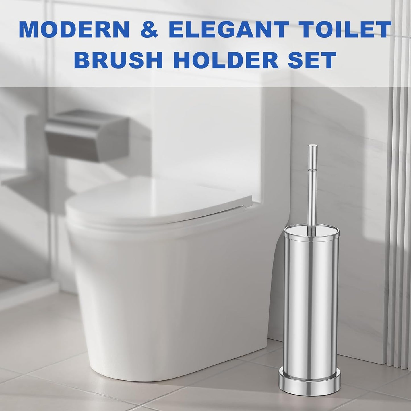 Toilet Brush and Holder Set: 304 Stainless Steel Heavy Duty Toilet Bowl Brush and Holder with Removable Inner Bowl and Splash Protection, Modern Long Handle Bathroom Cleaning Tool