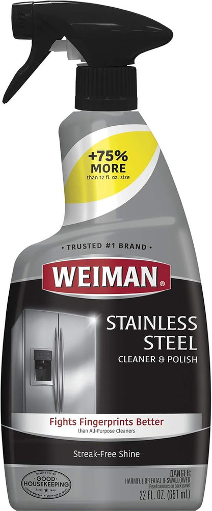 Weiman Stainless Steel Cleaner and Polish - Streak-Free Shine for Refrigerators, Dishwasher, Sinks, Range Hoods and BBQ grills, 22 Fl Oz