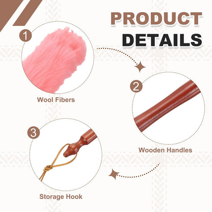 uxcell Wool Duster, 14.2" Natural Feather Cleaner Household Cleaning Duster with Solid Wooden Handle for Cleaning Fans Window Blinds Shelves Furniture, Pink