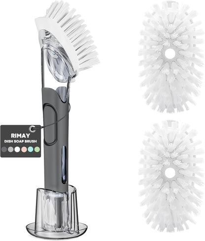 Soap Dispensing Replacement Dish Brush Storage Set with 2 PCS Brush Refills & Holder - RIMAY Dispenser Scrub Cleaning Scrubber Kitchen Dishwashing Dish Wand Handle for Dishes/Pans/Pots/Sink(Black)