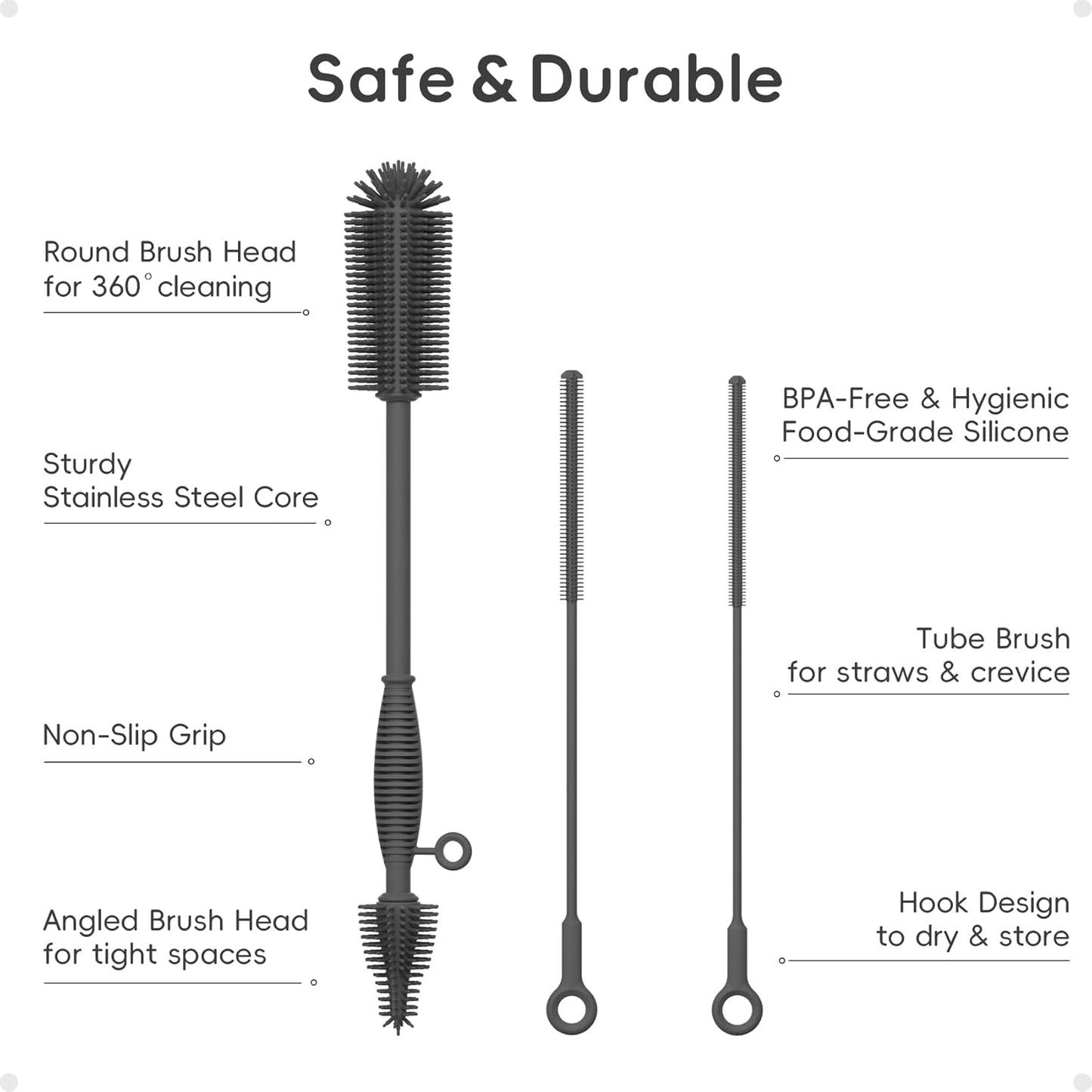 Reusable Silicone Straw Cleaner Brush Set, 2-Pack Extra Long Straw Cleaning Brush for Metal Glass Water Bottle Drinking Straws, Flexible&Bendable Design, Dishwasher Safe, 6mm & 8mm Diameter