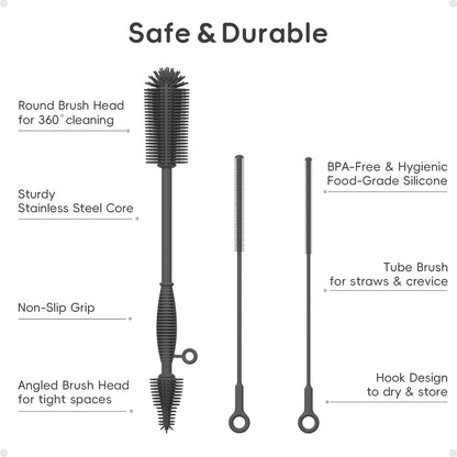 Reusable Silicone Straw Cleaner Brush Set, 2-Pack Extra Long Straw Cleaning Brush for Metal Glass Water Bottle Drinking Straws, Flexible&Bendable Design, Dishwasher Safe, 6mm & 8mm Diameter