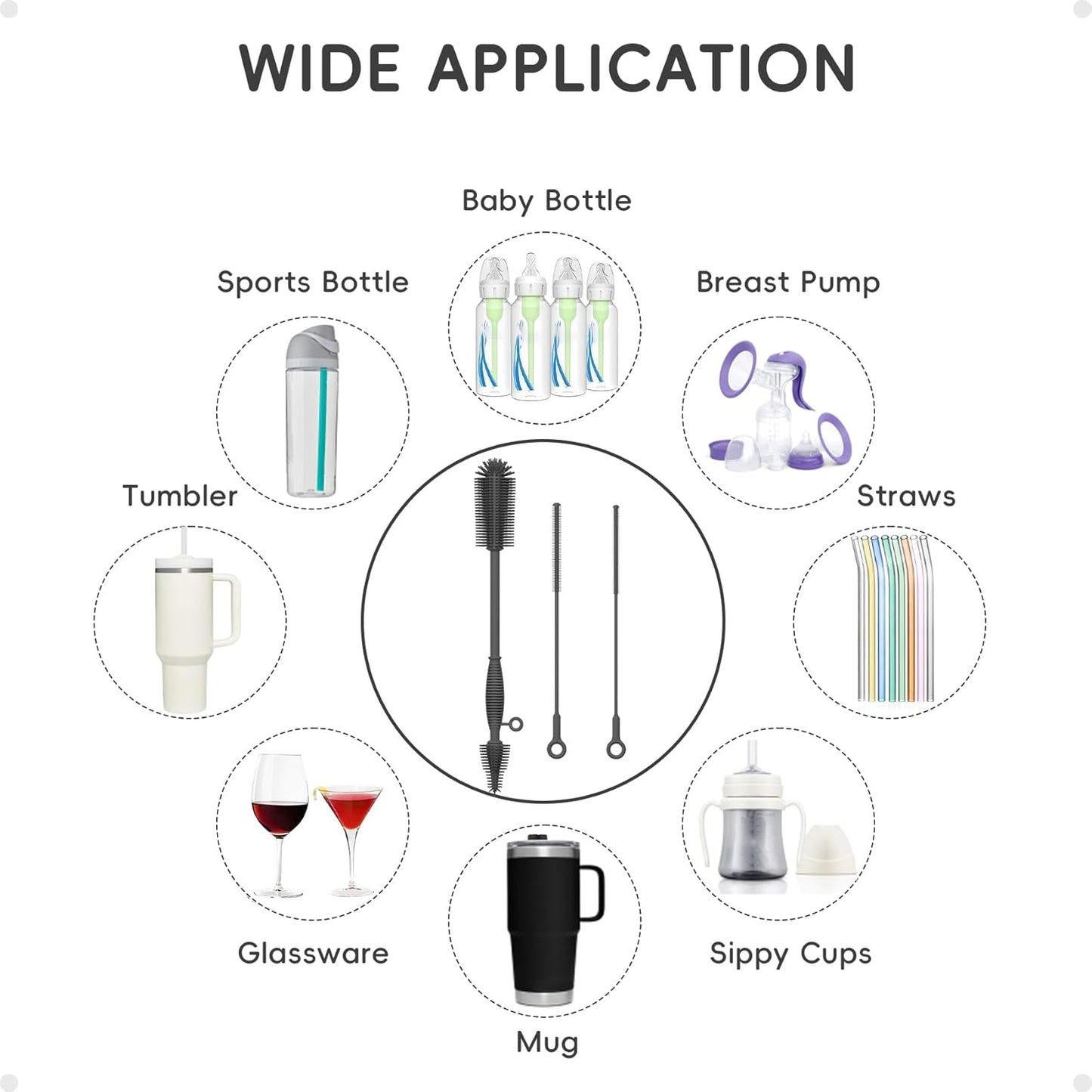 Reusable Silicone Straw Cleaner Brush Set, 2-Pack Extra Long Straw Cleaning Brush for Metal Glass Water Bottle Drinking Straws, Flexible&Bendable Design, Dishwasher Safe, 6mm & 8mm Diameter