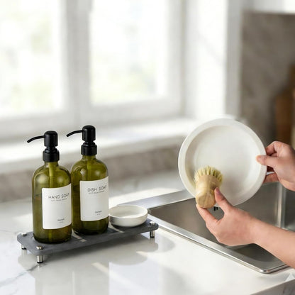 2 Pack Kitchen Soap Dispenser Set - 16oz Amber Glass Dish and Hand Soap Dispenser with Stainless Steel Pump, Instant Dry Tray, Dish Brush & Holder, Refillable Countertop Sink Decor for Kitchen & Bath