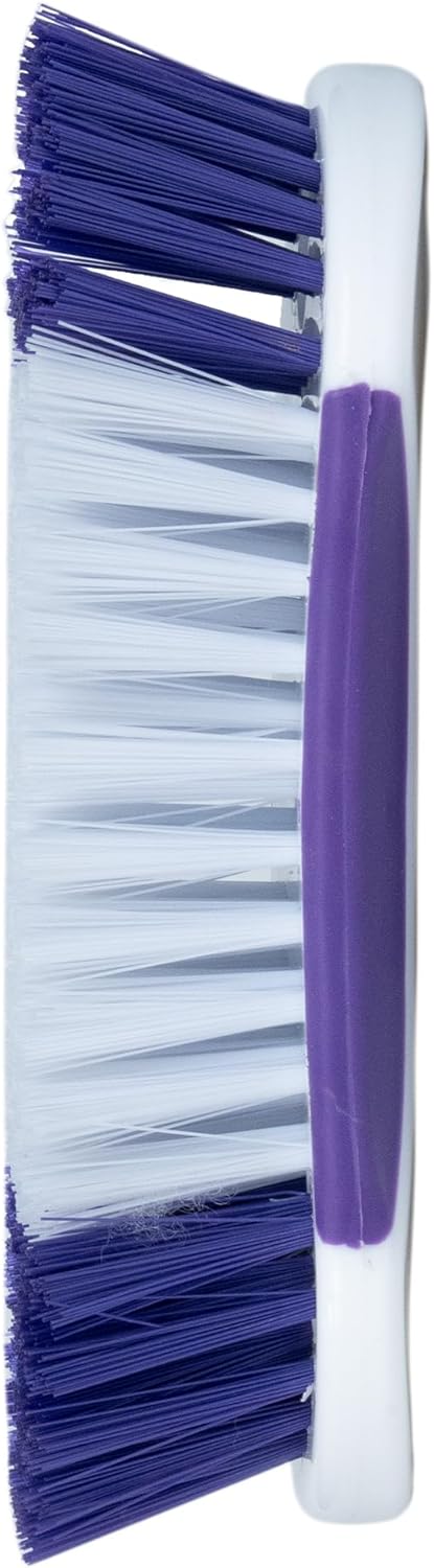 Fabuloso Cleaning Brush with Handle, Compact Handheld Household Scrub Brush for Kitchen, Bathroom, Baseboards, Tile and Floors, Firm Bristles for Indoor Surface Cleaning, White and Purple, 5.5 Inch