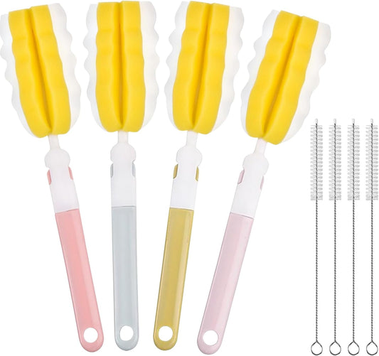 INVODA 4PCS Bottle Brush Long Handle Cup Cleaner Brush Sponge Bottle Scrubber Detachable Handle Portable Sponge Cleaning Brush for Baby Bottle Dishwashing Kitchen Clean Glasses Mugs (4 PCS)