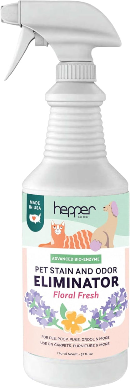 Hepper Advanced Bio-Enzyme Pet Stain & Odor Eliminator Spray - Smell, Stain & Urine Remover for Cats, Dogs & Other Animals - 32oz Spray Safe for the Home - Neutral