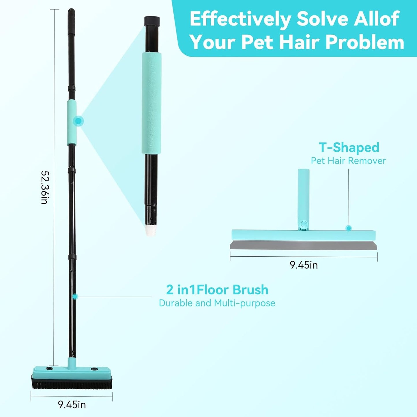 Michao Floor Squeegee with 180° Rotating Head,with Rubber Broom for Carpet Pet Hair Remover,air Broom,for pet Removal Fluff Carpet, Hardwood Floor, Cleans Glass, Fine Dust, Hair, Liquid (Black)