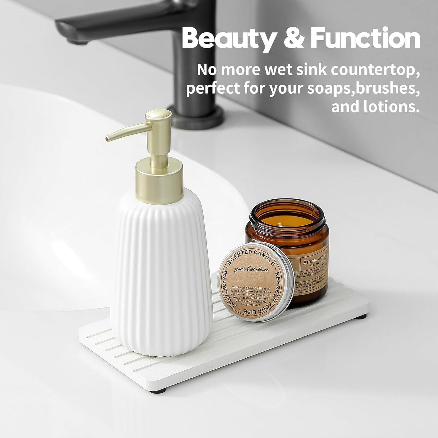 2PCS Water Absorbing Stone Drying Tray Mat for Bathroom Sink & Kitchen Counter Faucet Organizer, Quick Dry Dish Rack Soap Dispenser Sponge Holder, Vanity Sink Caddy Bar Coaster, Ivory White 8“x 4”