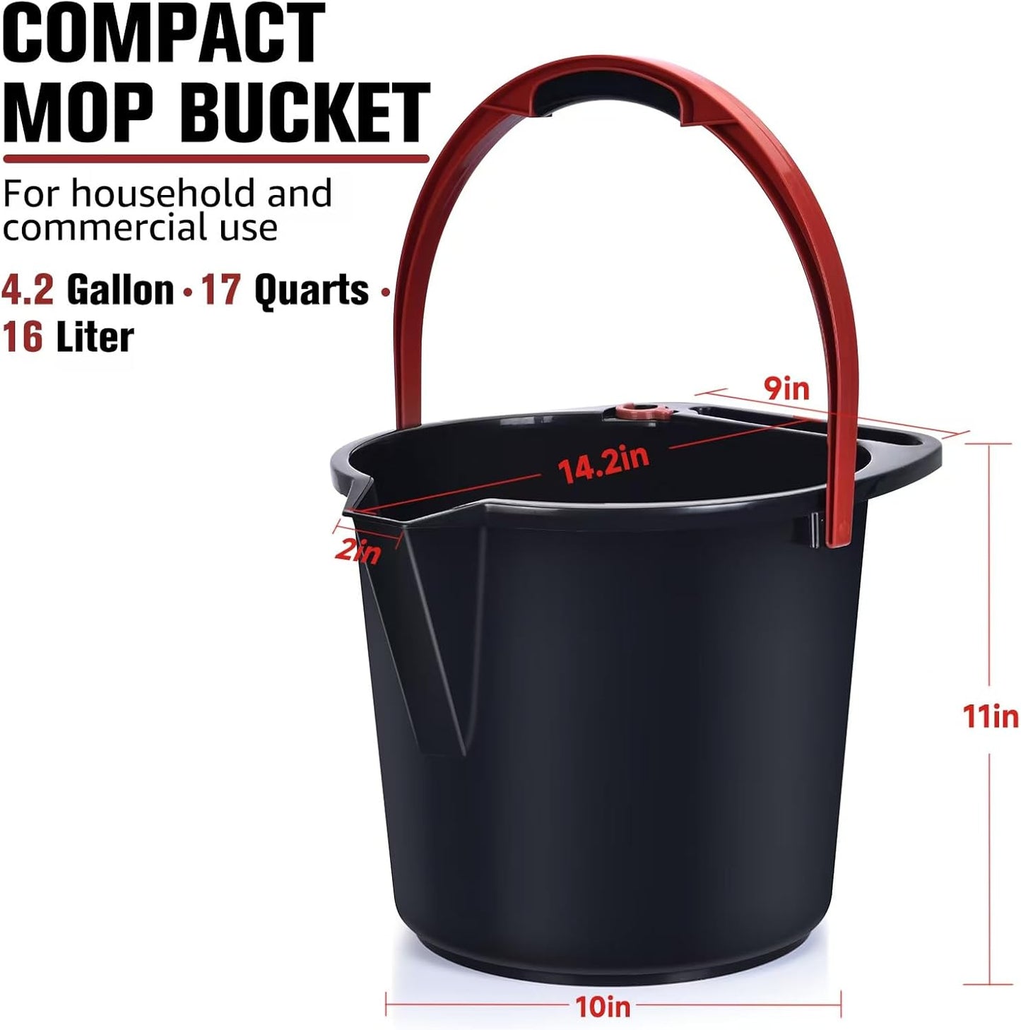 Matthew Cleaning 4.2 Gallon Mop Bucket, Heavy Duty Plastic Cleaning Bucket with Built-in Pour Spout, Mop Holder and Comfort Grip Handle, House and Commercial Cleaning Supplies, 1 Pack Black