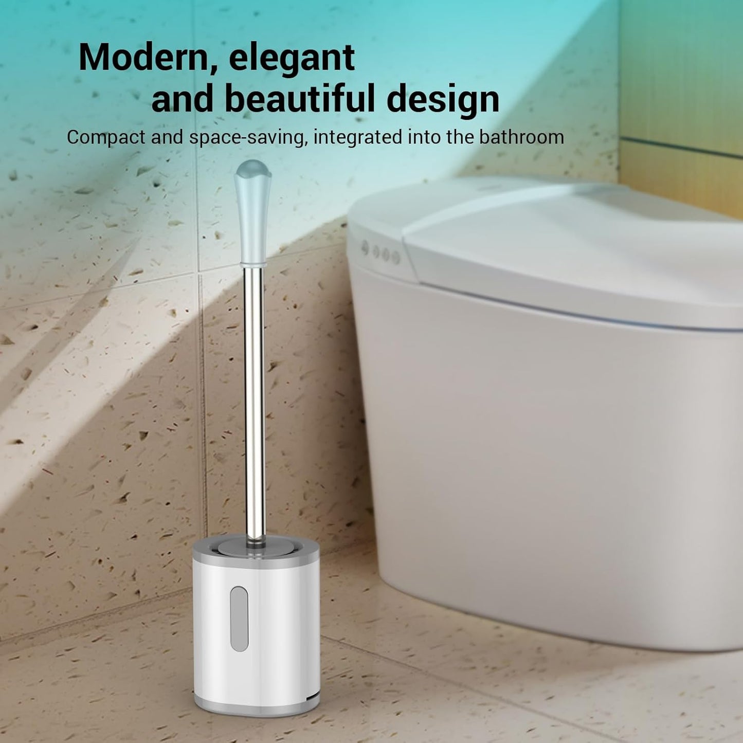 AONEZ Compact Toilet Brush & Holder, Stainless Steel Handle, Space Saving for Storage, Deep Cleaning, Drip-Proof, Easy to Assemble, Nylon Bristles, White & Grey