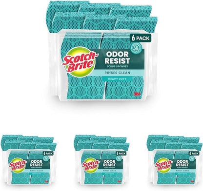 Scotch-Brite Odor Resist Heavy Duty Scrub Sponge, Dishwasher-Safe Kitchen sponges for Serious Scrubbing, Multipurpose Dish Sponge for Stuck-On Messes, 6 Scrubbing Sponges