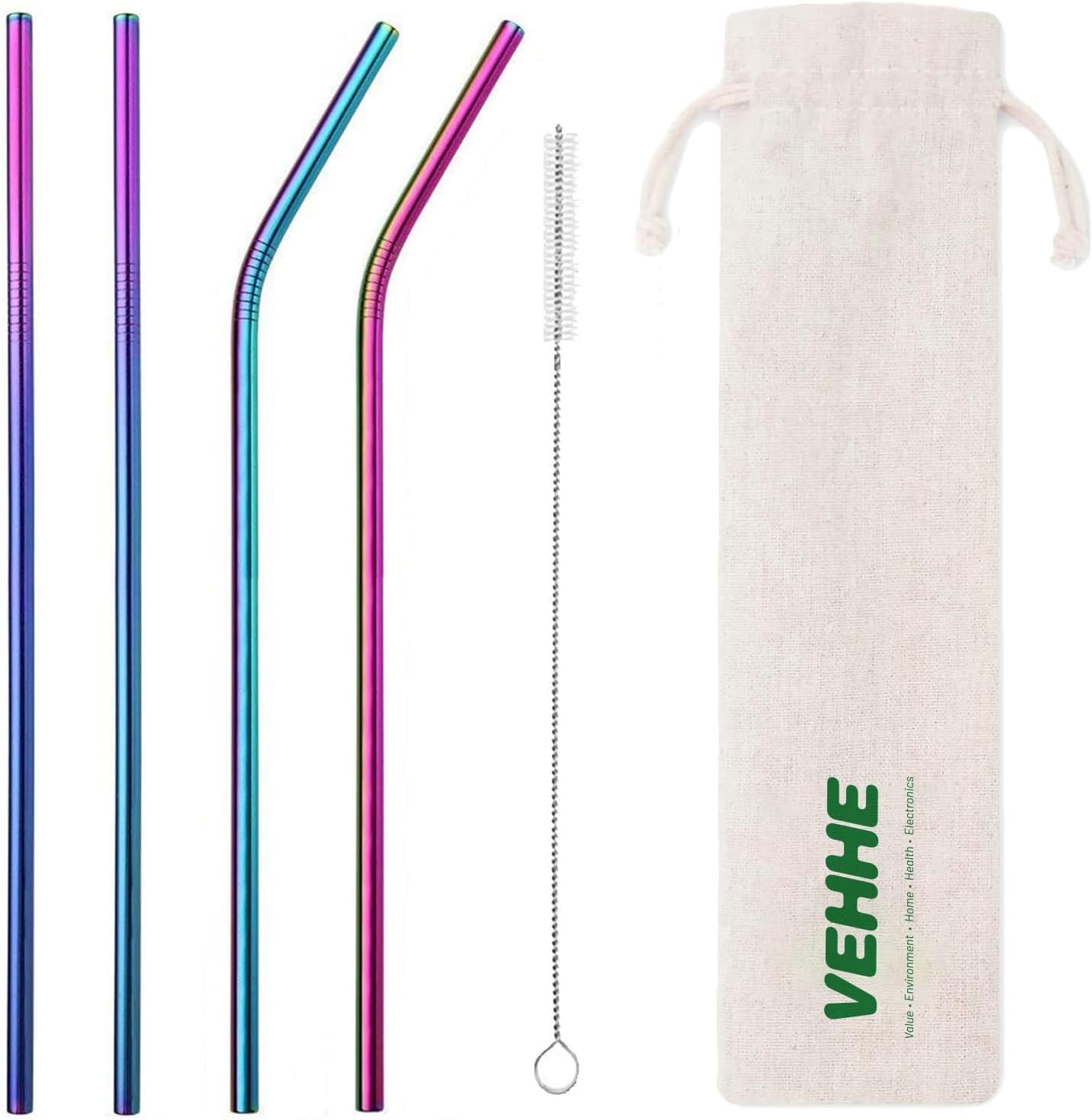VEHHE Metal Straw Stainless Steel Straws Drinking Reusable Straws 4 Set -10.5" Ultra Long Rainbow Color-Cleaning Brush for 20/30 Oz for Yeti RTIC SIC Ozark Trail Tumblers (2 Straight|2 Bent|1 Brush)
