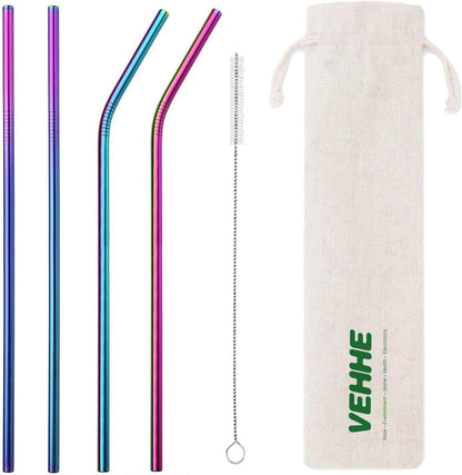 VEHHE Metal Straw Stainless Steel Straws Drinking Reusable Straws 4 Set -10.5" Ultra Long Rainbow Color-Cleaning Brush for 20/30 Oz for Yeti RTIC SIC Ozark Trail Tumblers (2 Straight|2 Bent|1 Brush)