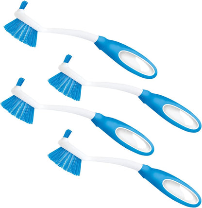 Dish Brush Scrubber for Kitchen, 2 Pack, by LOLA, Has Stiff Bristles & Food Scraper, Comfort No-Slip Grip Handle, Safe for Non-Stick & Coated Cookware