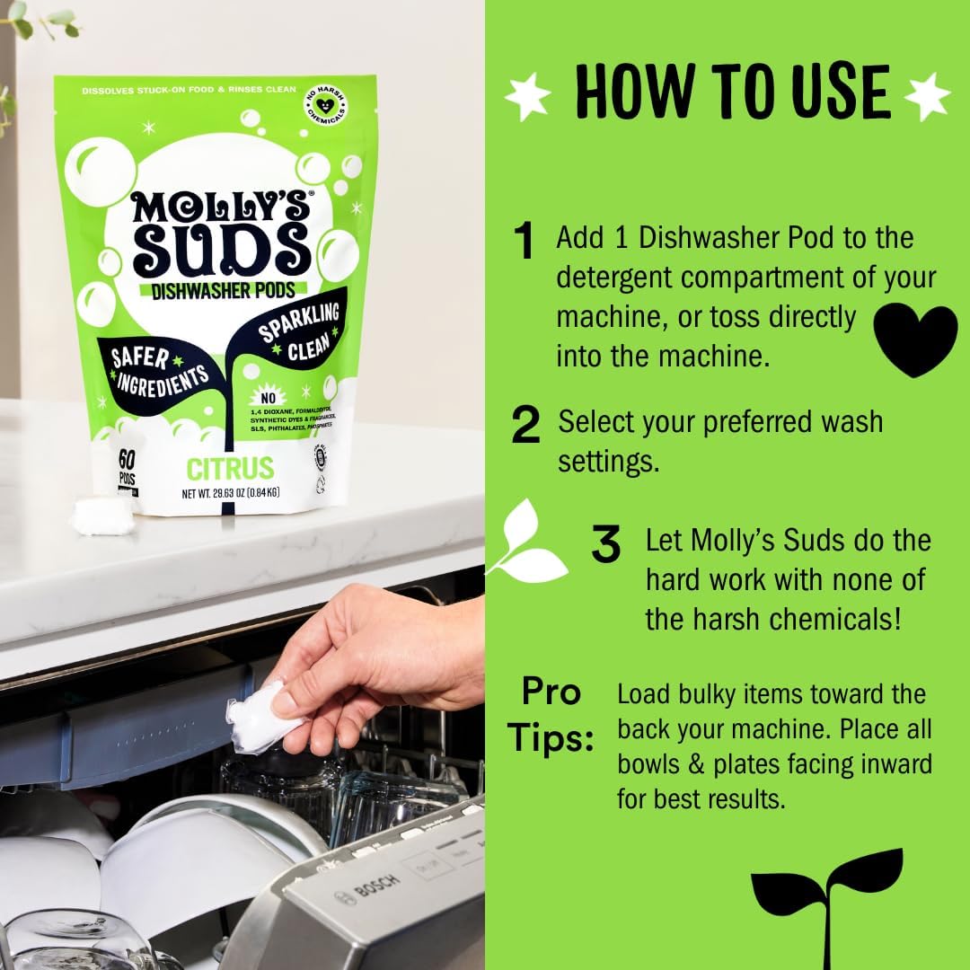Molly's Suds Dishwasher Powder | Clean Dishwasher Detergent, Cuts Grease & Rinses Clean (Residue-Free) for Sparkling Dishes | 60 Loads (Unscented)