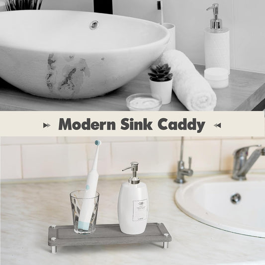 Kitchen Sink Caddy Water Absorbing Stone Tray For Sink, Diatomite Bathroom Countertop Tray Organizer, Faucet Stone Drying Mat Coaster Soap Dish Sponge Dispenser Holder (Grey)