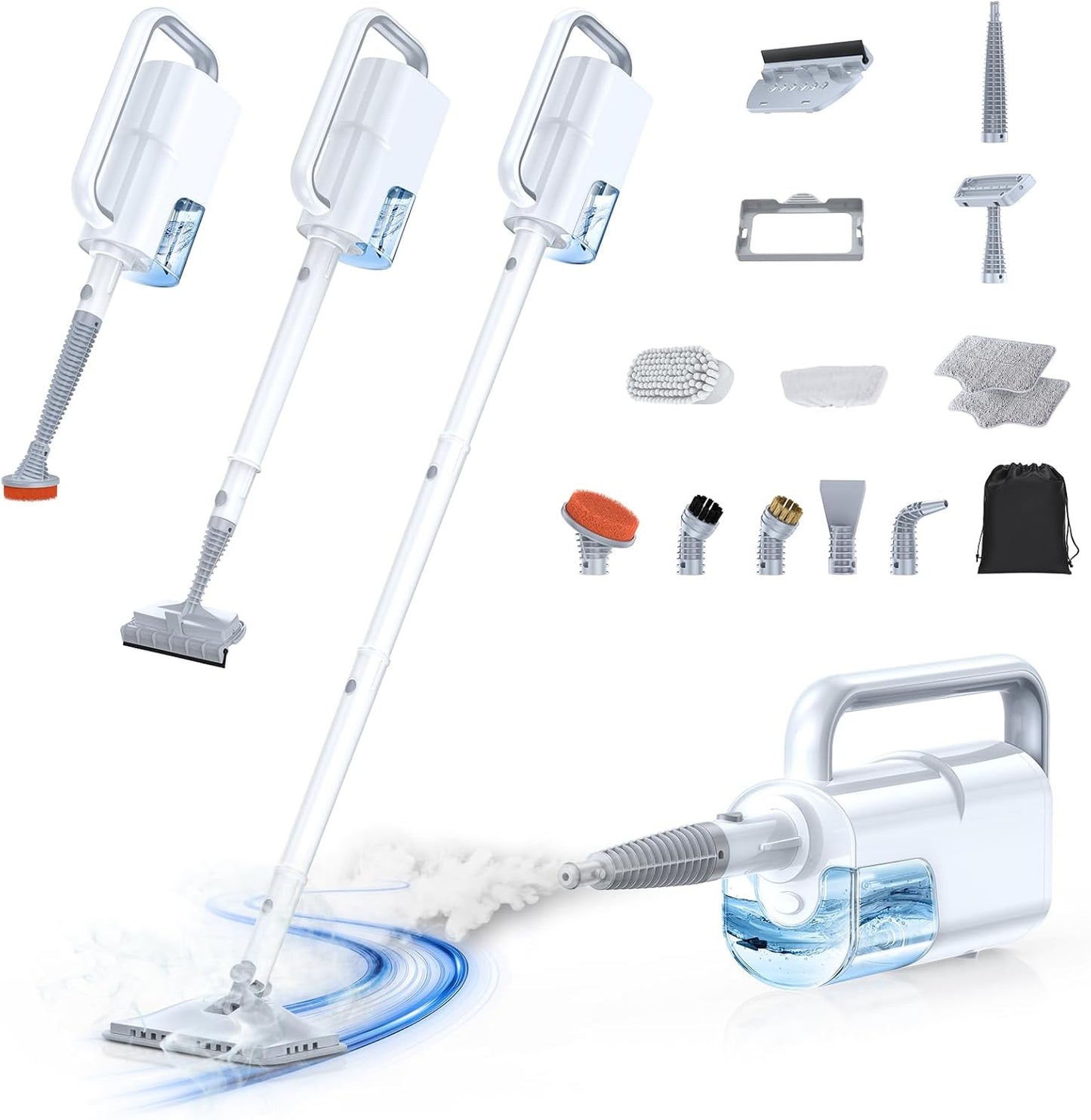 10-in-1 Steam Mop with Detachable Handheld Steamer, 350ml Tank, 10s Heat-Up, 248°F Steam Cleaner, 3-Level Control and Swivel Head for Floors, Carpets, Tiles, BBQ grill Multi-Surface Clean White