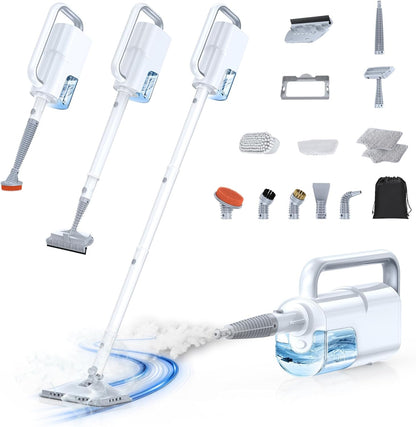 10-in-1 Steam Mop with Detachable Handheld Steamer, 350ml Tank, 10s Heat-Up, 248°F Steam Cleaner, 3-Level Control and Swivel Head for Floors, Carpets, Tiles, BBQ grill Multi-Surface Clean White