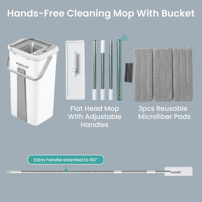 VIMALIFE Mop and Bucket Set with Wringer, Self Cleaning Flat Mop and Bucket System, 2 Parts Bucket Wash & Dry System, 360° Rotating, 3 Microfiber Pads Included Ideal for Homes, Floor & Wall Ceilings