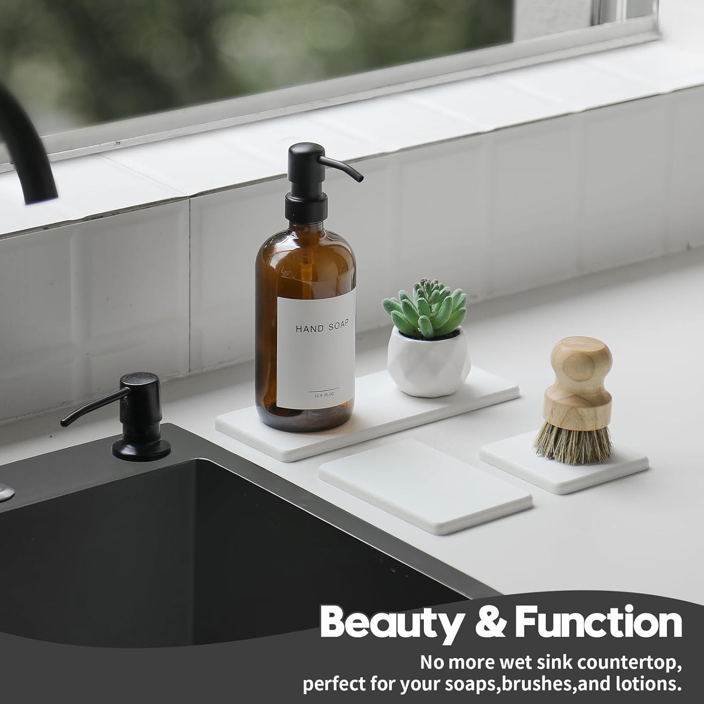 2PCS Water Absorbing Stone Drying Tray for Kitchen Counter & Bathroom Sink, Diatomite Faucet Splash Guard, Soap Dispenser Rack & Sponge Holder Caddy Organizer, Marble White (Printed Pattern), 9"x 3.5"