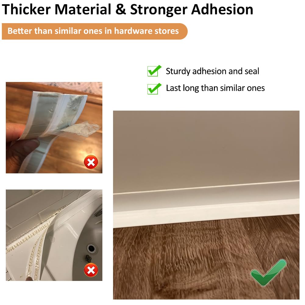 Clear Caulk Tape Waterproof Self Adhesive, Peel & Stick Bathroom Chalk Tape Toilet Bowl Bath Tub Kitchen Strip Floor Wall Tile Window Stove Sink Caulking, Cleaner Than Silicone, Caulk, Grout, Glue