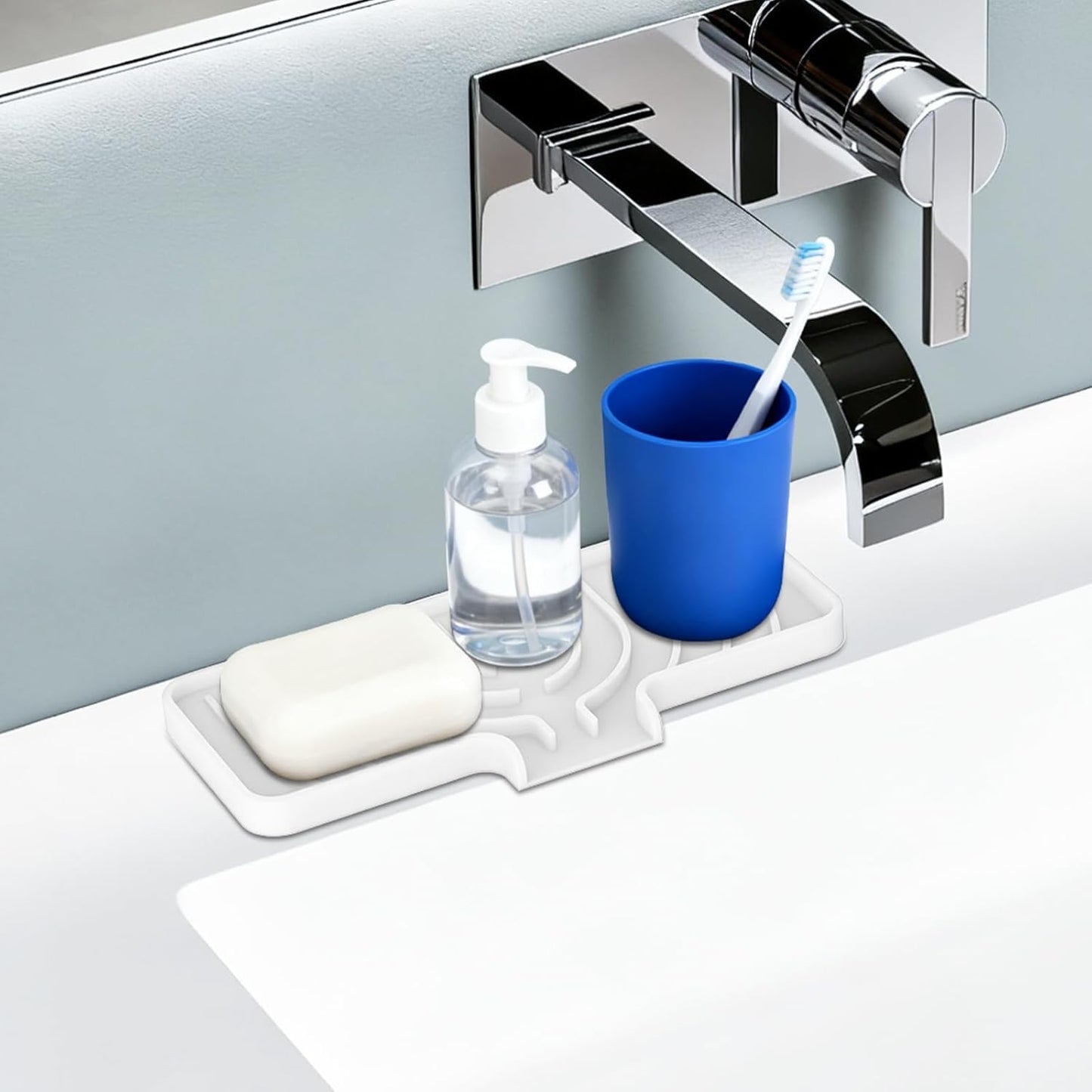 JACZZO Silicone Sponge Holder for Kitchen Sink With Drain Spout, Self Draining, Kitchen Soap Tray, Bathroom Organizer, Sink Caddy (Grey, 10×4)