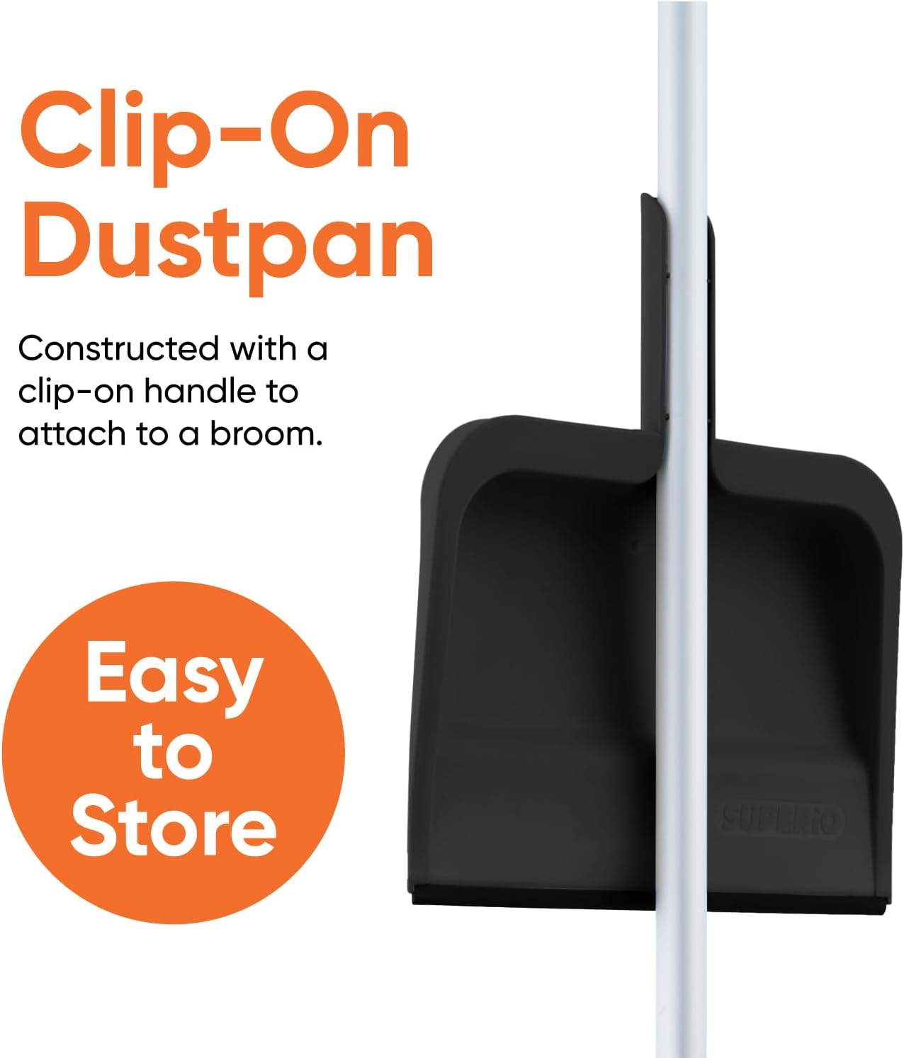Superio Clip-On Dustpan with Rubber Lip - 10-inch Wide Durable Plastic Dust Pan with Comfort Grip Handle, White, 1-Pack