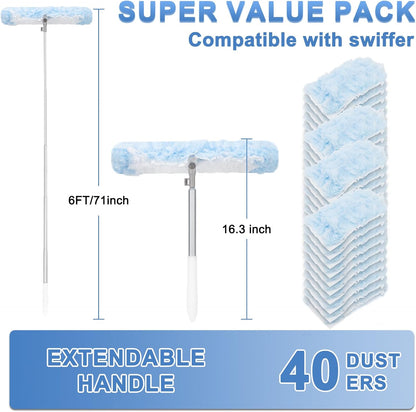 KeFanta Duster Refill Kit with 6 ft Super Extendable Handle Compatible with Swiffer, 360° Disposable Microfiber Dusting Pads for Home Cleaning, Ceiling, Fan, Window, Hard-to-Reach Areas, 20Pcs