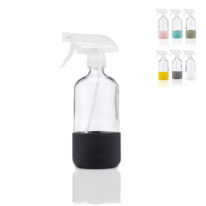 Clear Glass Spray Bottle with Silicone Sleeve for Cleaning Solutions, Essential Oils, Plants, Vinegar - 16 oz, Refillable, Food Safe (2-PACK: Rich Black & Ocean Turquoise)