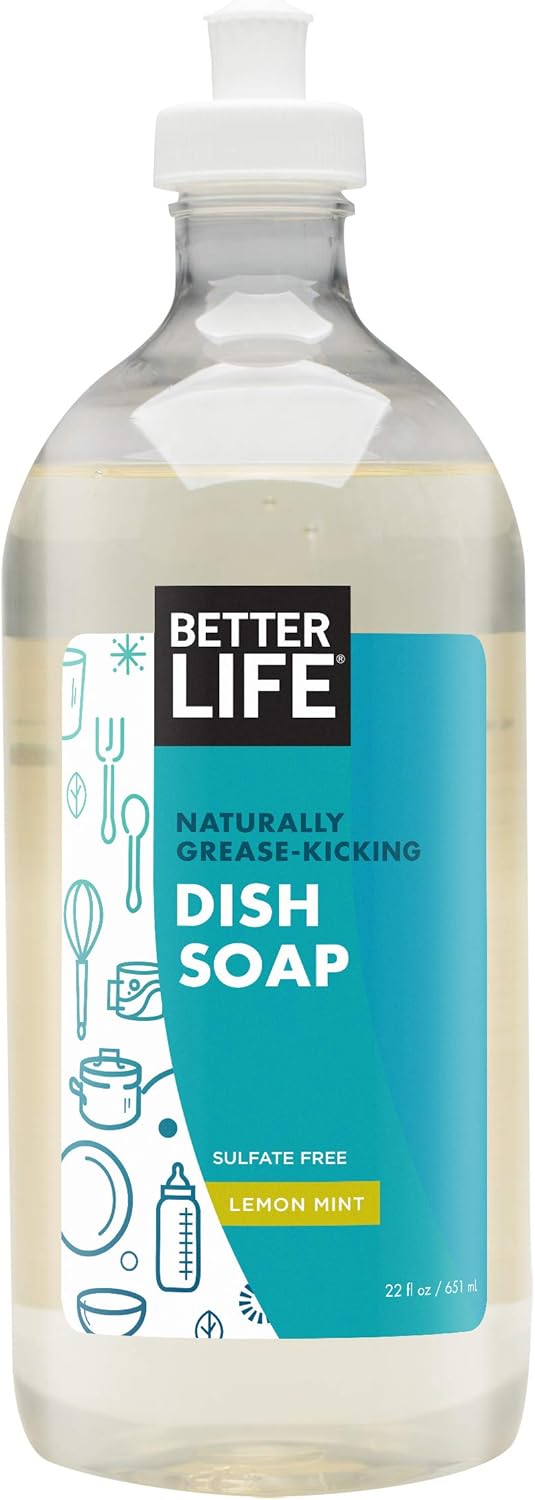 Better Life Dish Soap - Liquid Dishwashing Soap with Vitamin E and Aloe for Home & Kitchen Sink - No Gloves Required Kitchen Soap for Sensitive Skin - 22oz (Pack of 2) Lemon Mint