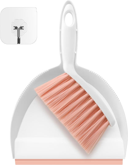 NACENA Mini Broom and Dustpan Set, Small Dust Pan and Brush Set with Handle Dustpan Teeth for Cleaning Hair Suitable for Office Desks Drawers Sofas Outdoor Camping, Light & Purple