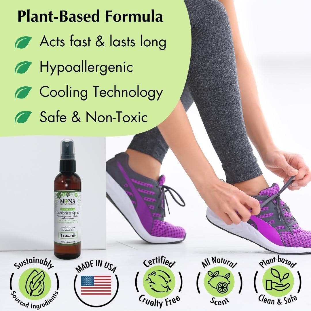 MONA Natural Shoe Deodorizer Spray | Foot Odor Eliminator; Foot Deodorant for stinky feet | Car, Sneaker, Gear Freshener (4.0 Fl Oz (Pack of 1))