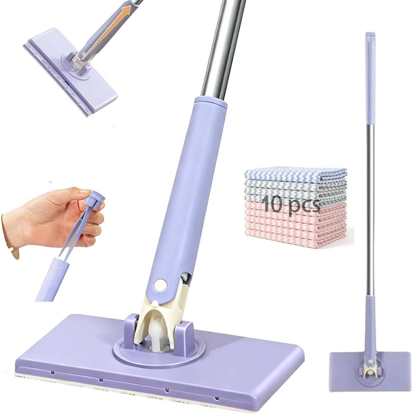 2026 Upgraded Snap Grip Mini Mop, Zero Touch Mini Mops, Cloth Changing Mini-Mop with Automatic Hands Free Push Pull Handle, Disposable Dust Mop, with 5 Non Scratch Wire dishcloths (45.3in+10cloths)
