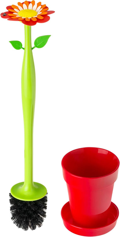 Vigar Flower Power Toilet Brush with Holder Set Toilet Brush with Daisy-shaped Handle, Flowerpot Base with Saucer Durable Bristles for Bathroom, White