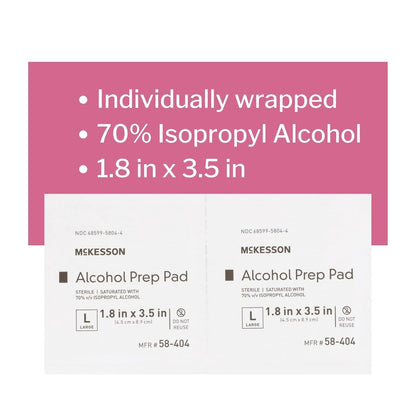 McKesson Alcohol Prep Pads [Pack of 100] 70% Isopropyl, Individually Wrapped Wipes, Sterile, Medical-Grade, First Aid, Large