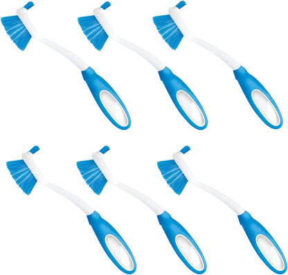 Dish Brush Scrubber for Kitchen, 2 Pack, by LOLA, Has Stiff Bristles & Food Scraper, Comfort No-Slip Grip Handle, Safe for Non-Stick & Coated Cookware