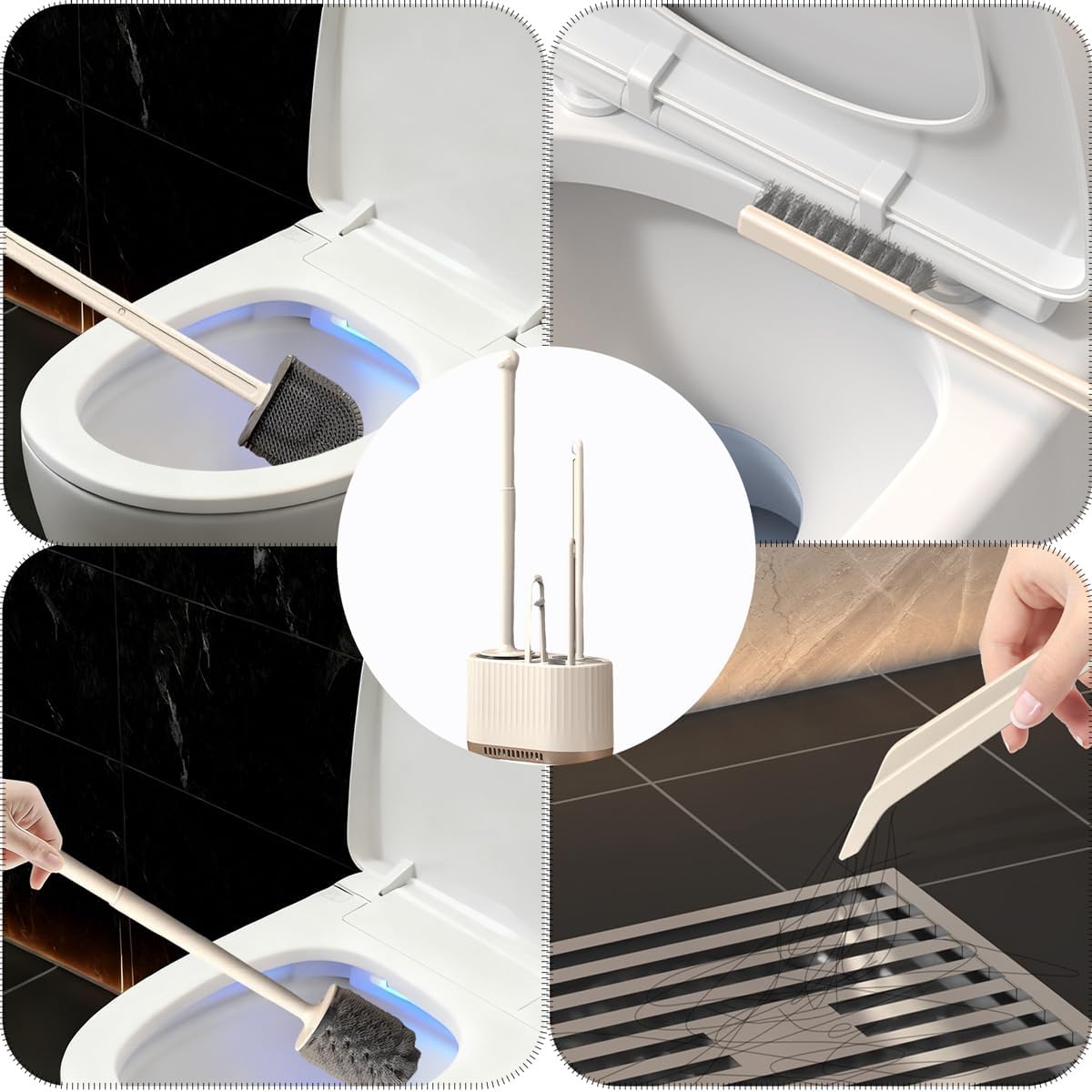 4 in 1 Toilet Cleaner Brush Toilet Bowl Brush and Holder Set Silicone Toilet Brush，Stuff Floor Standing or Wall Mounted Toilet Scrubber Without Drilling (Light Green)