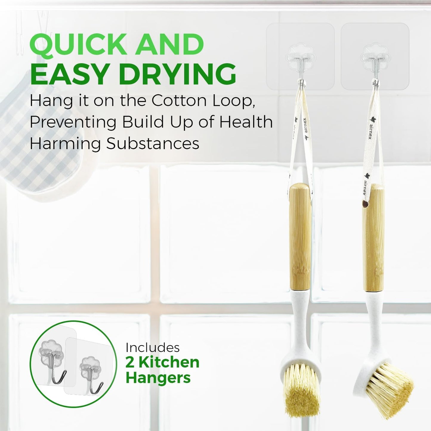 AIRNEX Bamboo Dish Brush Set of 2 - Dishwasher Brush w/Handle Made of Wheat Straw & Sisal Bristles - Non Scratch Kitchen Scrub Brush for Dishes, Pots & Pans - Dish Scrubber w/Plastic Free Bristles