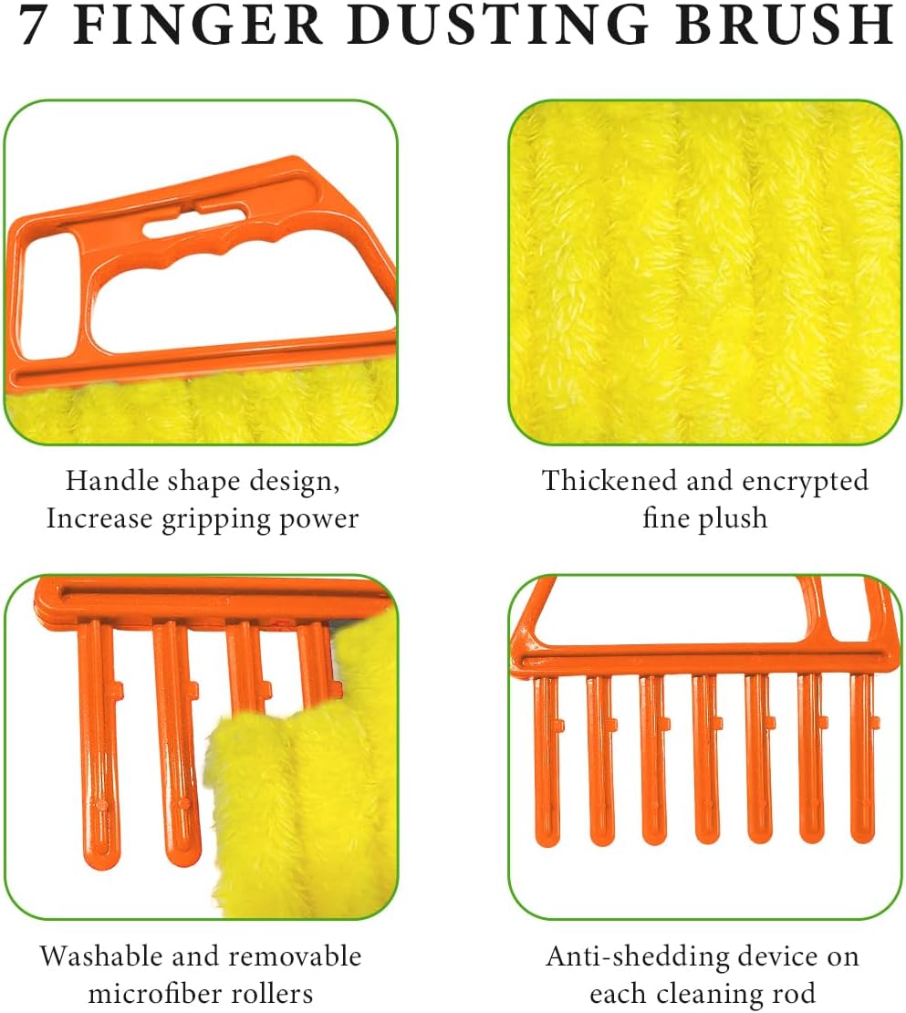 DXNQ 2 PCS Blind Cleaner Duster Tool, Window Venetian Hand-held 7 Finger Dusting Cleaner Brush, Blinds Cleaning Brush Tool for Window Shutters Air Conditioner, Car Accessories (Orange+Yellow)
