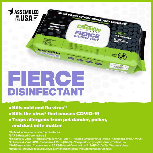 Crocodile Cloth Fierce Disinfectant Wipes - 480 Count (12 Packs of 40 Count) 15" x 10" Multi-Surface Disinfecting Cleaning Cloths For Kitchens, Bathrooms, Offices & Schools