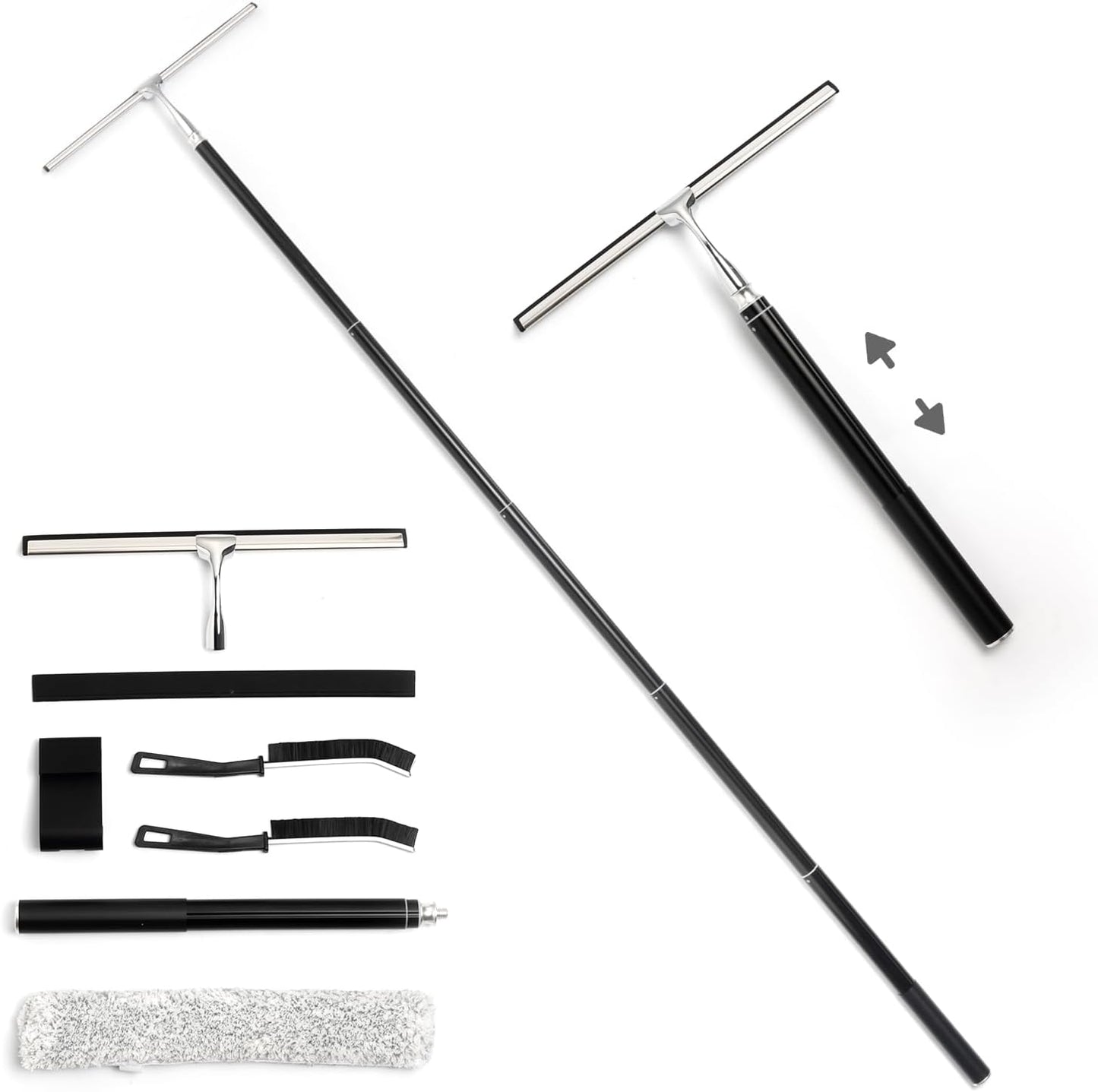 16.7“- 59.5" Long Handle Window Squeegee with Extension Pole, 12.4" Wide Metal Shower Squeegee for Glass Doors, 2-in-1 Squeegee for Home Window Cleaning, Tile Wall, Car (Silver)