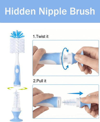 Baby Bottle Brush Set 4 in 1, Baby Bottle Cleaner, with 1P Nylon Bottle Brush, 1P Bottle Cap Brushes, 2P Straw Brushes, Bottle Brush with Nipple Cleaner and Suction Cup, BPA-Free(Green)