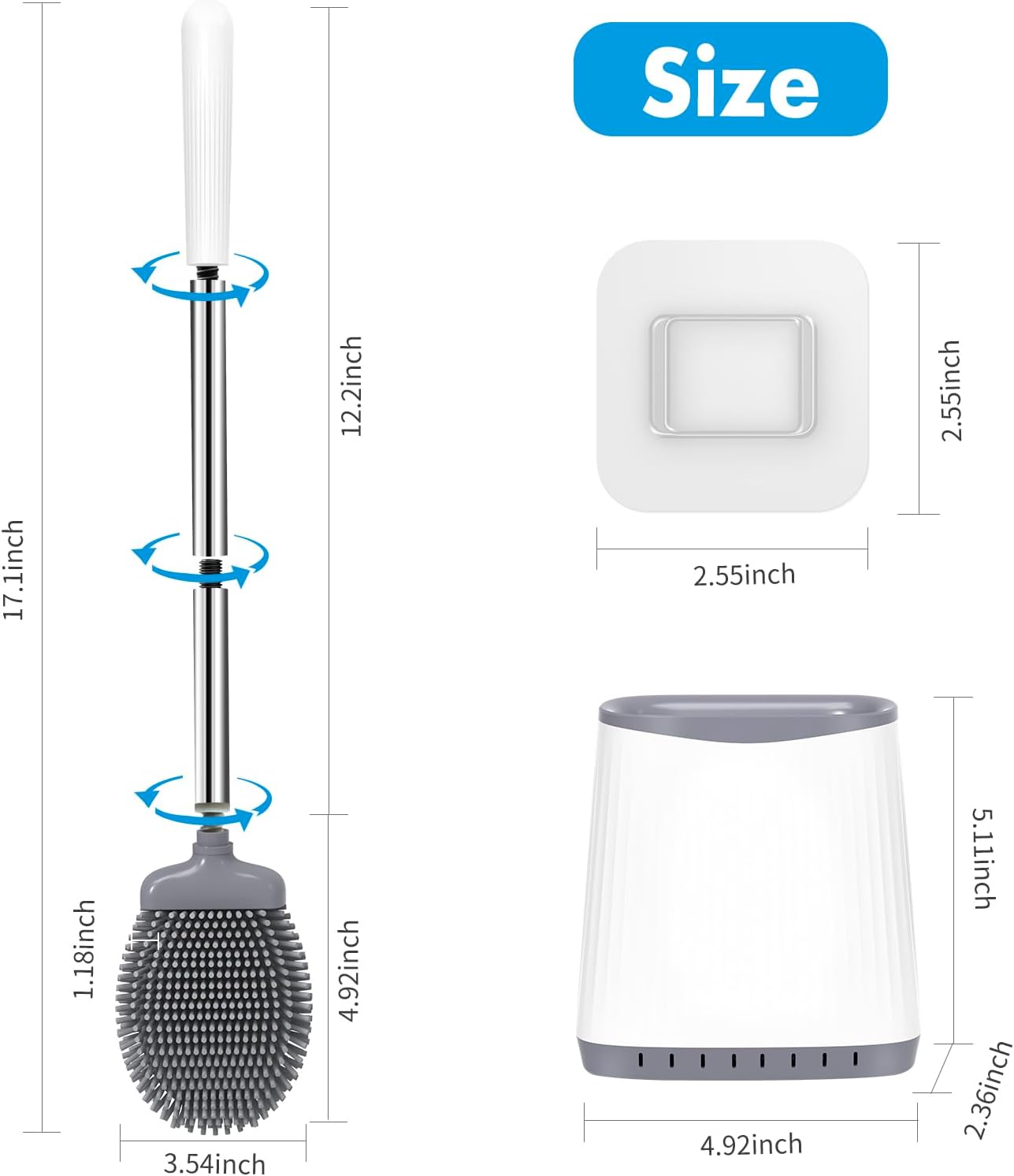 Toilet Brush, Silicone Toilet Brush and Holder Set, Flexible Toilet Bowl Brush Head with Ventilated Holder, Wall Mounted Compact Toilet Scrubber Set for Bathroom Cleaning (1, White)