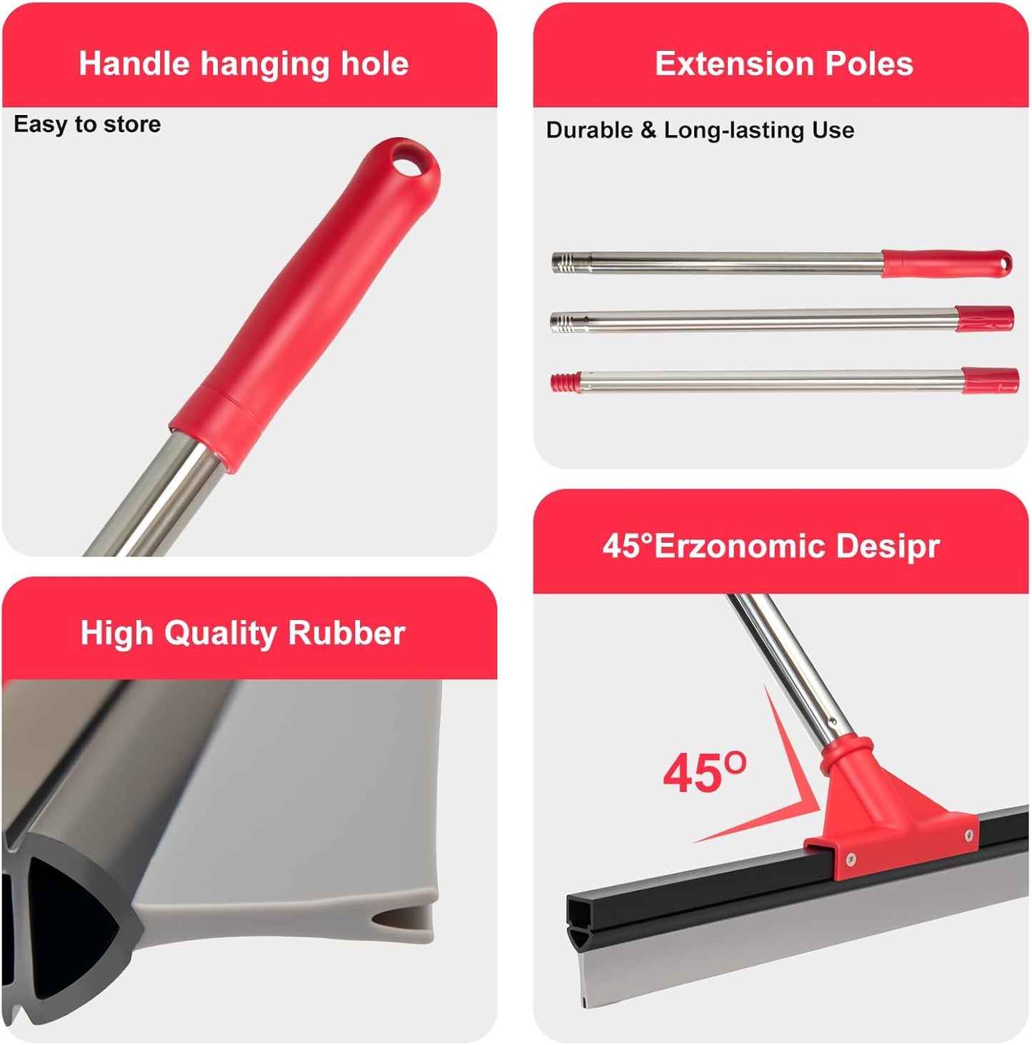17" Heavy Duty Floor Squeegee with 40.8 Inch Long Handle, Suitable for Bathroom Tiles, Garage Concrete Floors, Shower Glass & Windows Cleaning