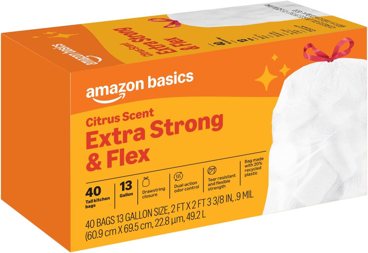 Amazon Basics Extra Strong & Flex Tall Kitchen Drawstring Trash Bags, Citrus Scent, 13 Gallon, 40 Count