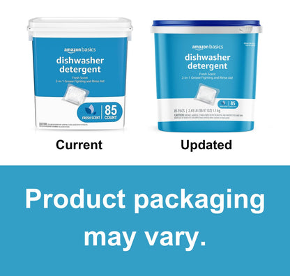 Amazon Basics Dishwasher Detergent Pacs, Fresh Scent, Cuts Grease, Rinses Clean, Removes 24HR Dried-On Stains, 85 Count (Previously Solimo)