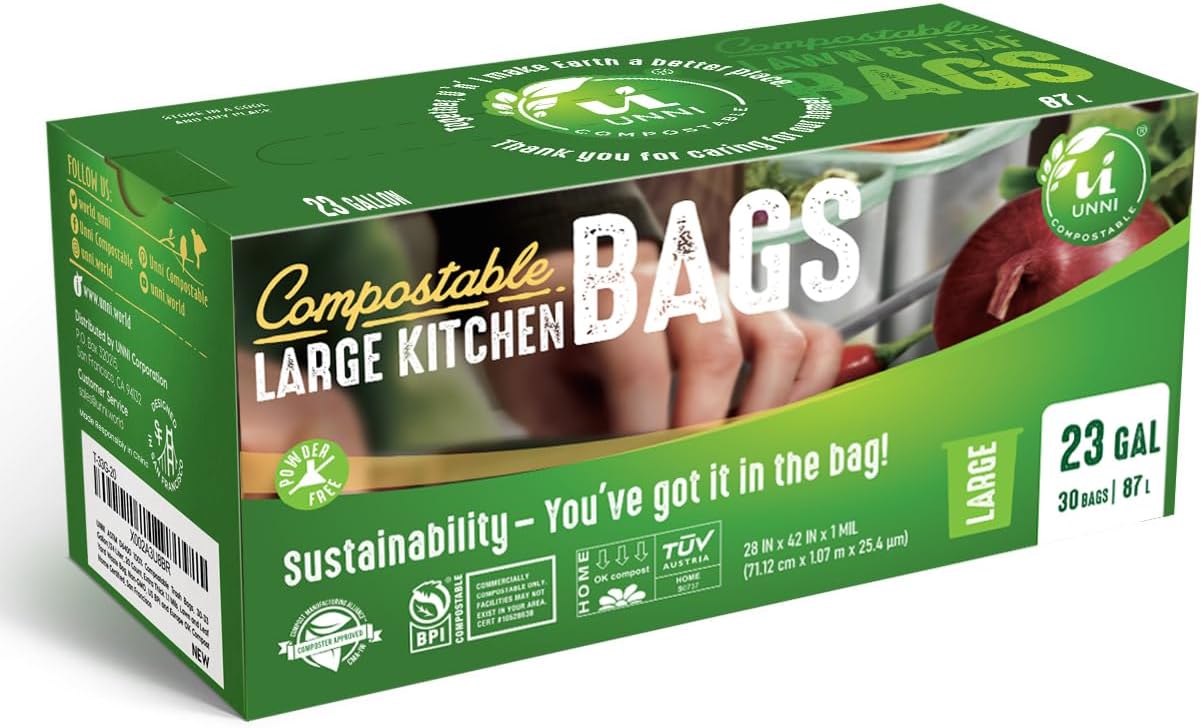 UNNI Compostable Trash Bags, 13 Gallon / 49.2 Liter, 50 Count, Extra Thick 0.9 Mil Tall Kitchen Food Scrap Bin Liners, Certified by BPI, CMA & OK compost HOME, Meets the ASTM D6400 Standard