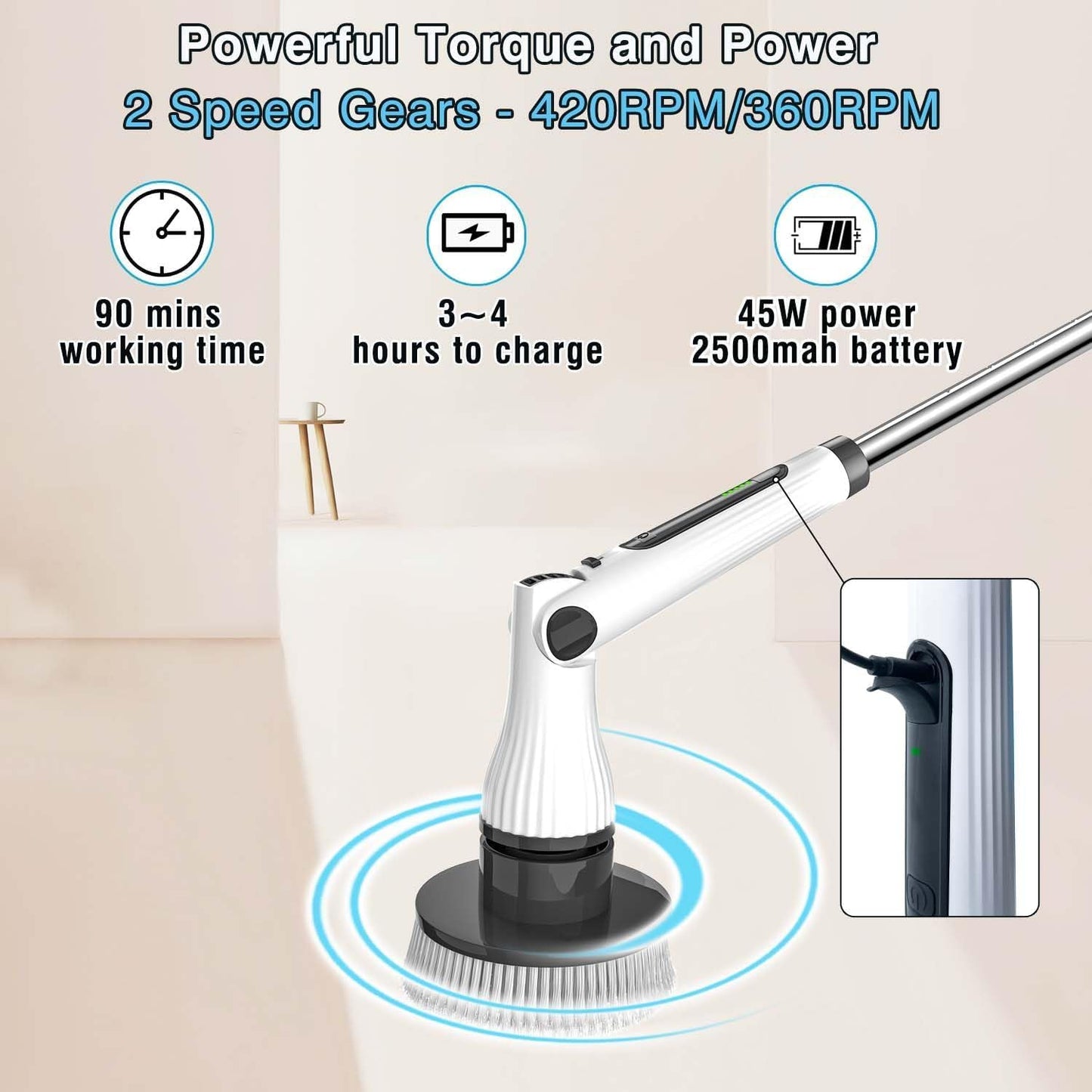 MGLSDeet Electric Spin Scrubber Scrub Brush, Rechargeable Cleaning Brush with 8 in 1 Replaceable Brush Heads, Cordless Power Spin Scrubber 90Mins for Bathroom Shower Bathtub Glass Car